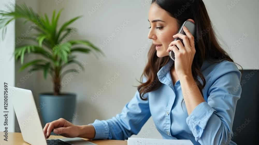 Professional Woman Engaged in Remote Work, Making Phone Call While Using Laptop for Business Communication in Modern Office Setting Professional Woman Engaged in Remote Work, Making Phone Call While Using Laptop for Business Communication in Modern Office Setting