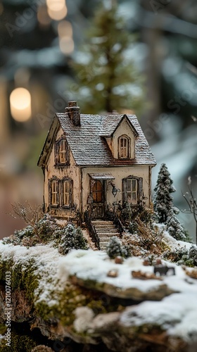 Enchanted Miniature Winter House: A Festive Holiday Diorama photo