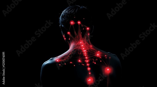 Graphic of muscle discomfort showing glowing red trigger points on the upper back and neck photo