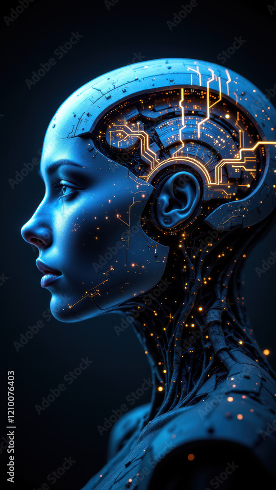 Obraz premium Futuristic AI humanoid robot with glowing blue neural network interface.