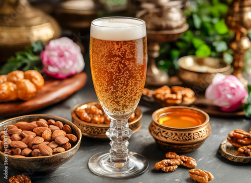 A tall glass of golden tej, Ethiopian honey wine, with a frothy top, surrounded by festive decorations, nuts, and honey bowls, captured in a vibrant and elegant setting for Timkat celebrations photo