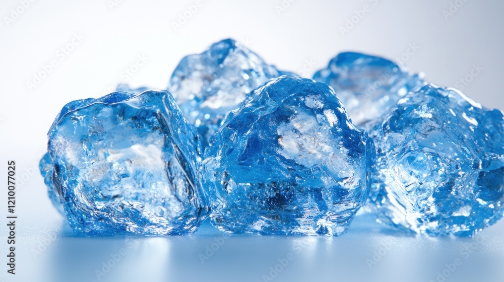 Close-up of ice cubes on a blue background, studio shot, refreshing drink concept Close-up of ice cubes on a blue background, studio shot, refreshing drink concept