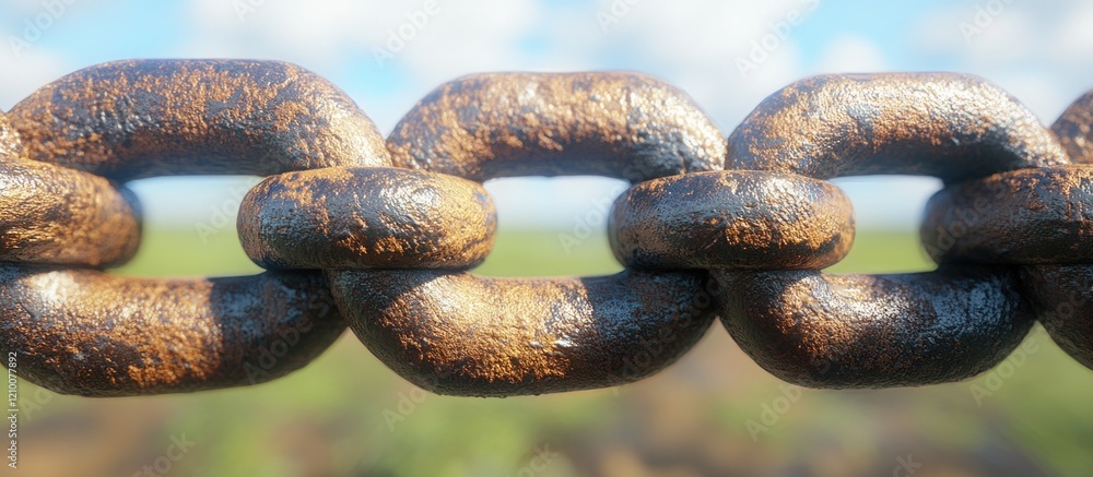 Rusty chain links outdoors, field backdrop, strength concept Rusty chain links outdoors, field backdrop, strength concept
