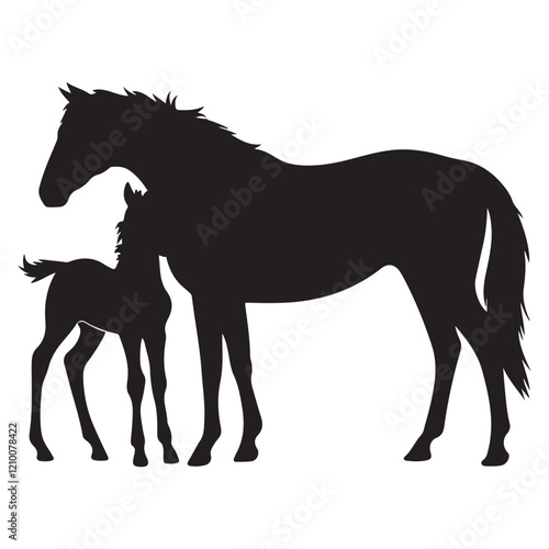 Mare with foal black silhouette horse on white background, vector