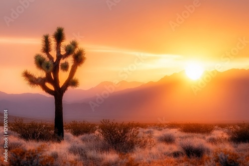 A minimalist yucca tree silhouette against a bright yellow sun, creating a stark and modern composition photo