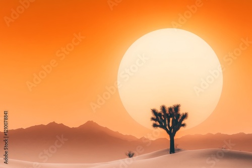 A minimalist yucca tree silhouette against a bright yellow sun, creating a stark and modern composition photo