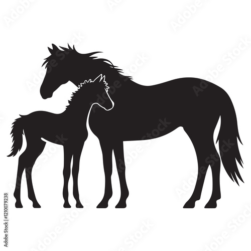 Mare with foal black silhouette horse on white background, vector