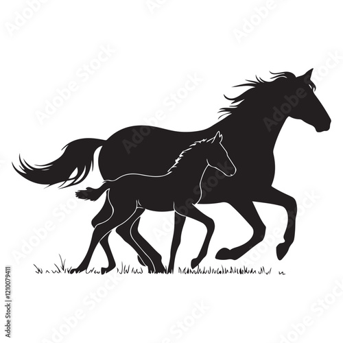 Mare with foal black silhouette horse on white background, vector