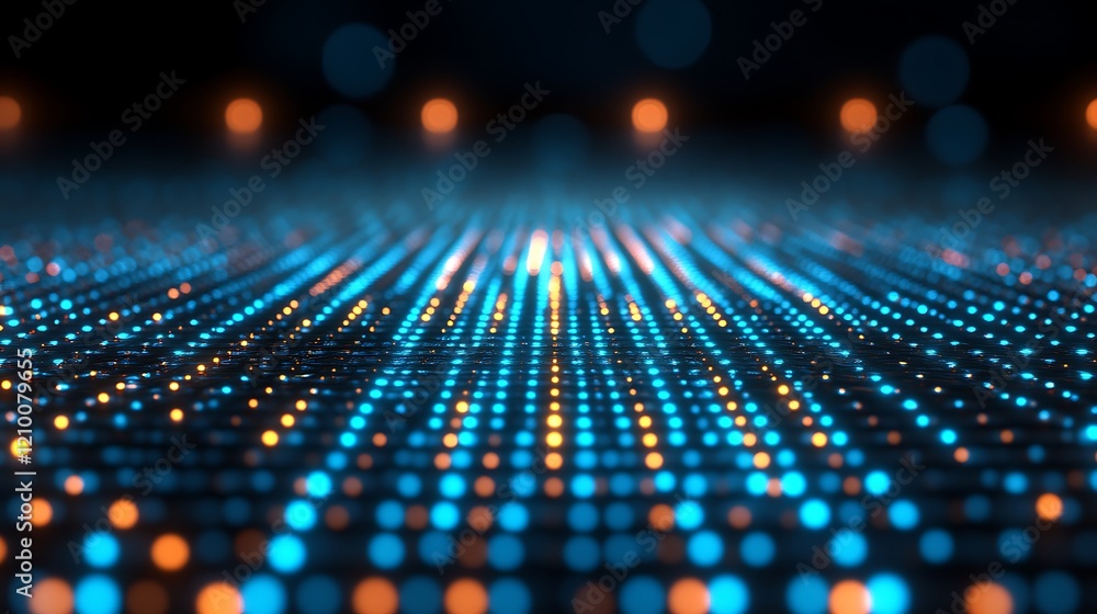 Digital Symphony: Abstract composition of a network of vibrant blue and orange dots, converging into a dazzling, futuristic scene, reflecting a symphony of interconnectedness and data flow.