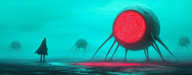 Gordijnen Koraalgroen Mysterious encounter with alien creatures futuristic landscape digital art surreal environment wide-angle view sci-fi concept  © Anurak
