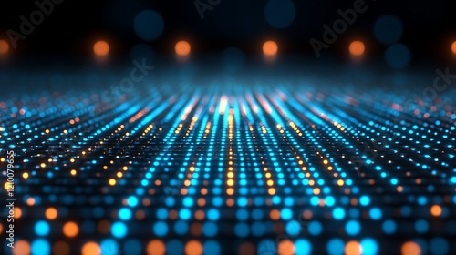 Obraz na płótnie Digital Symphony: Abstract composition of a network of vibrant blue and orange dots, converging into a dazzling, futuristic scene, reflecting a symphony of interconnectedness and data flow. w salonie