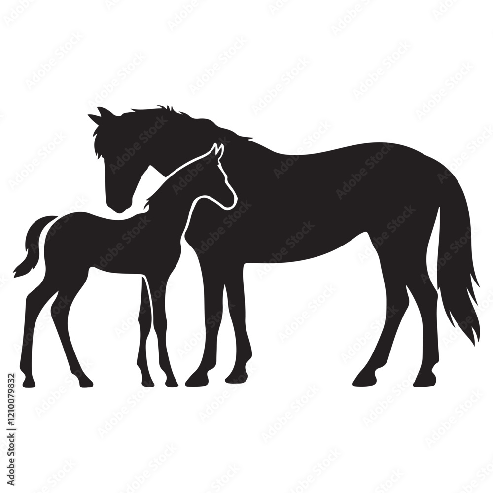 Obraz premium Mare with foal black silhouette horse on white background, vector