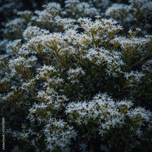 A bush covered in tiny, delicate flowers that look like glowing snowflakes. photo