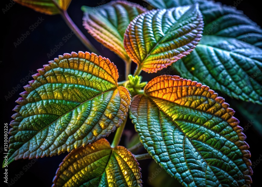 Lantana Pastazensis leaves, Verbenaceae family, illuminated in a dramatic night macro. Lantana Pastazensis leaves, Verbenaceae family, illuminated in a dramatic night macro.