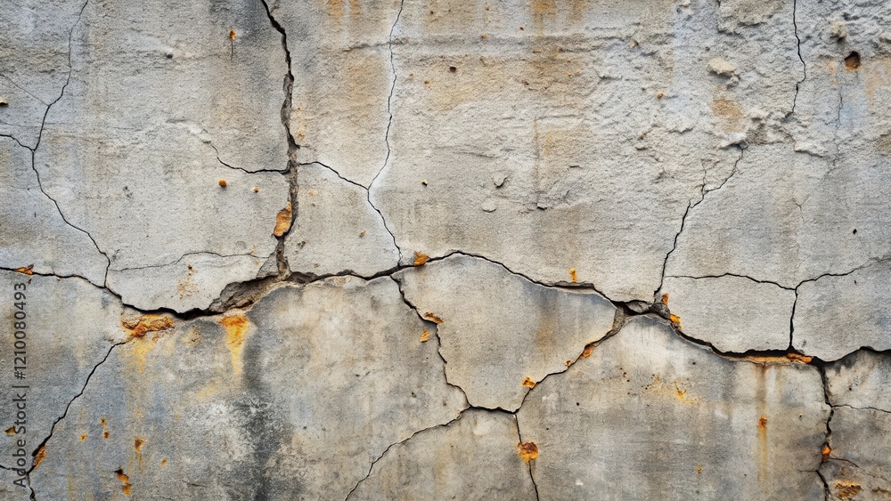 Obraz premium A Detailed Close-Up of a Weathered Concrete Wall Featuring Extensive Cracking and Rust Stains
