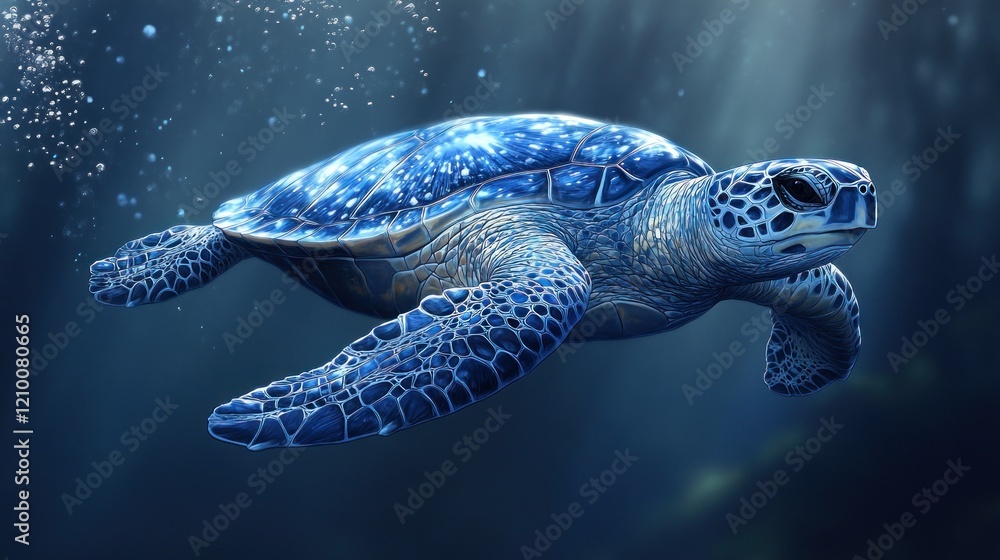 Fototapeta premium Blue sea turtle swimming ocean reef background underwater