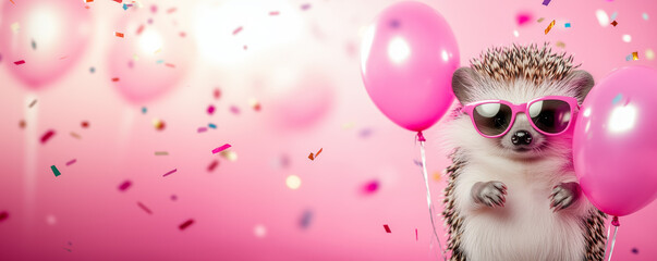 Cute funny adorable hedgehog wearing sunglasses, holding happy birthday balloons against confetti flying around. Pink background banner greeting card.