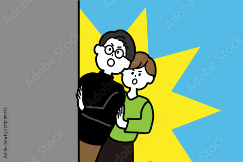 物陰から状況を伺う男女のセットイラスト　背景あり