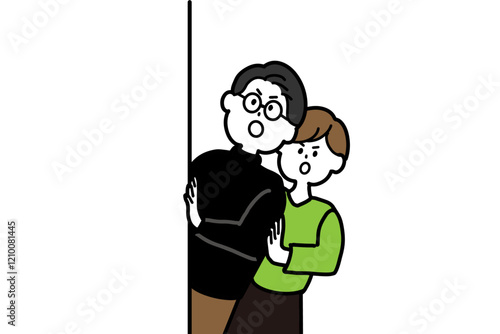 物陰から状況を伺う男女のセットイラスト