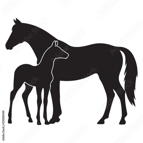 Mare with foal black silhouette horse on white background, vector