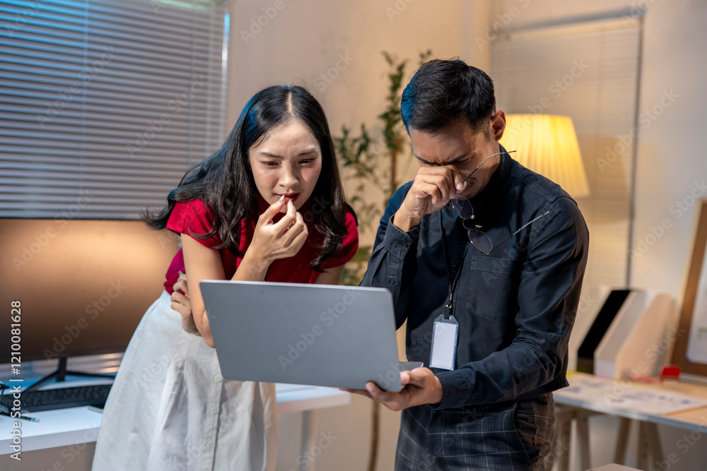 Stressed business team having problem and taking medicine in office at night Stressed business team having problem and taking medicine in office at night