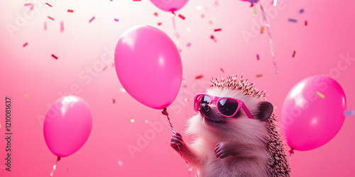 Cute funny adorable hedgehog wearing sunglasses, holding happy birthday balloons against confetti flying around. Pink background banner greeting card.