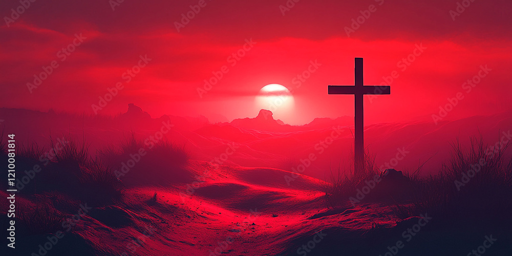 Obraz premium Christian background, cross on sunset background