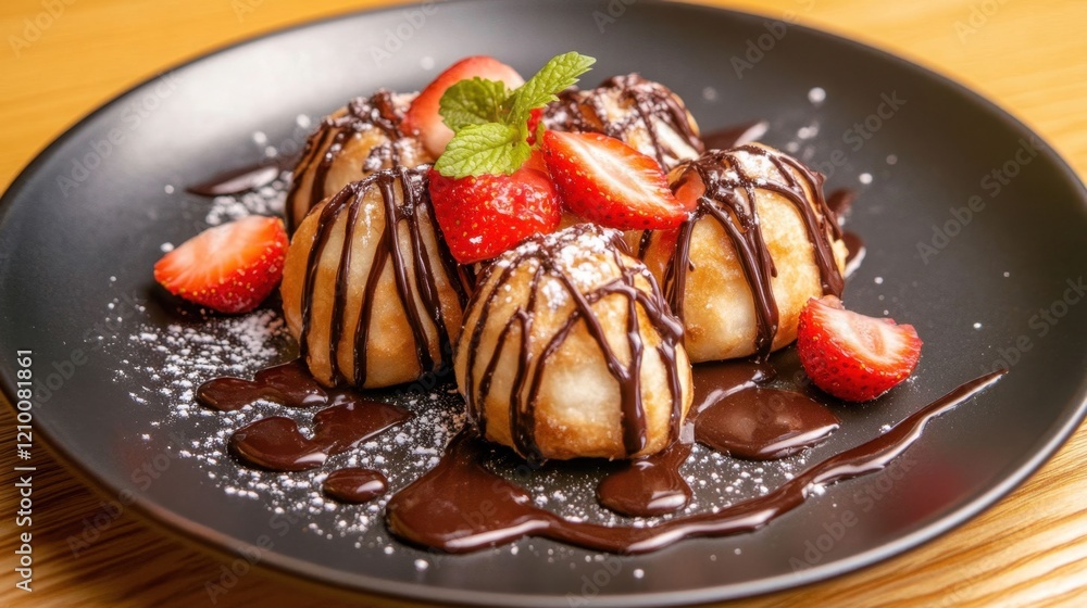 Delicious Chocolate Strawberry Dessert Dumplings on Plate Delicious Chocolate Strawberry Dessert Dumplings on Plate