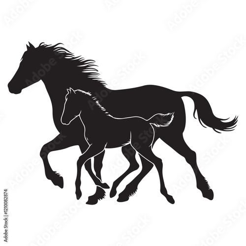 Mare with foal black silhouette horse on white background, vector