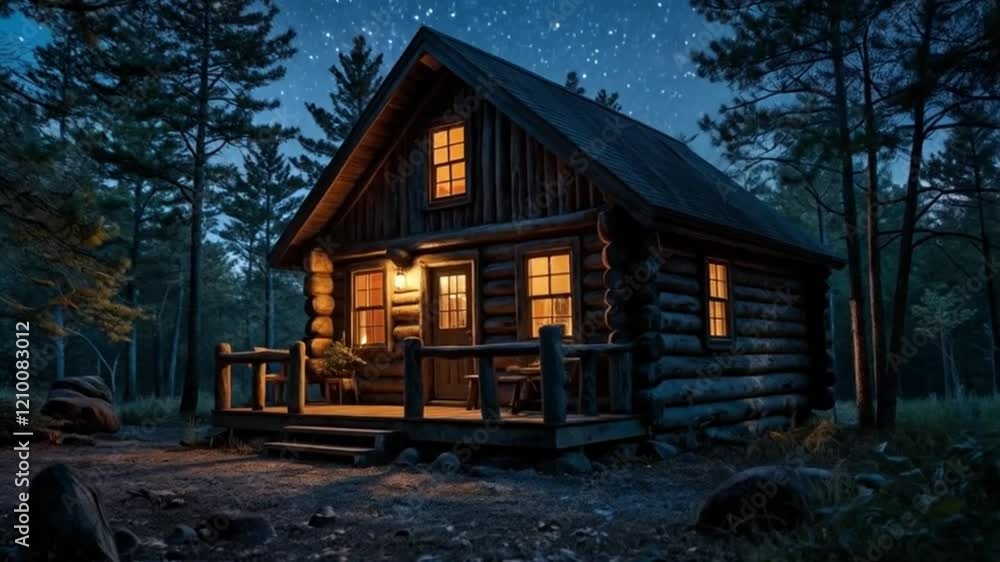 Wooden cabin in a forest with lit windows and sparkling sky at night Wooden cabin in a forest with lit windows and sparkling sky at night