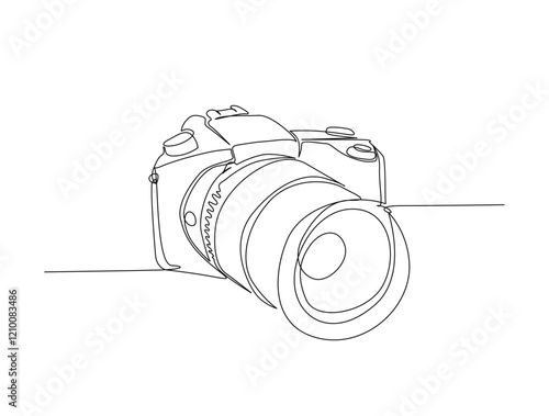 Continuous one line drawing of single digital camera. DSLR camera in single line illustration. Editable stroke.