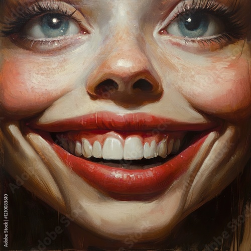 Close-up of a Smiling Woman's Face, Vibrant and Joyful Portrait Painting photo