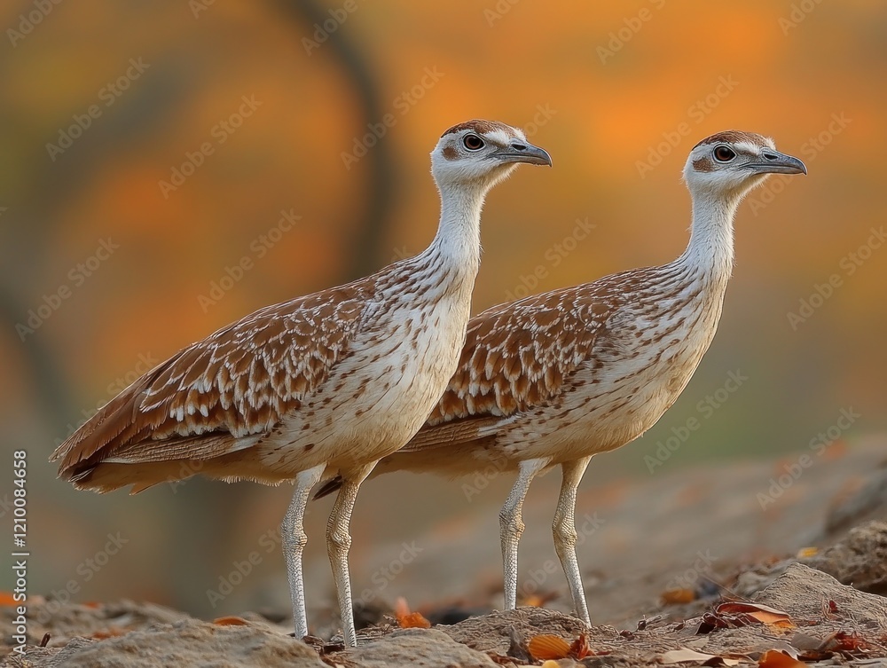 A pair of Burchell's sandgrouse standing on rocky ground with blurred autumn foliage in the background A pair of Burchell's sandgrouse standing on rocky ground with blurred autumn foliage in the background