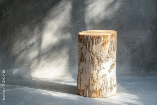 Beautiful wooden snag, cylindrical birch slab on a gray background with sunlight Podium. An empty showcase for product presentation. High quality photo photo