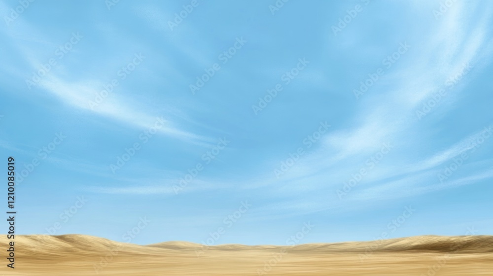 A serene view of a desert landscape with a clear blue sky and wispy white clouds above