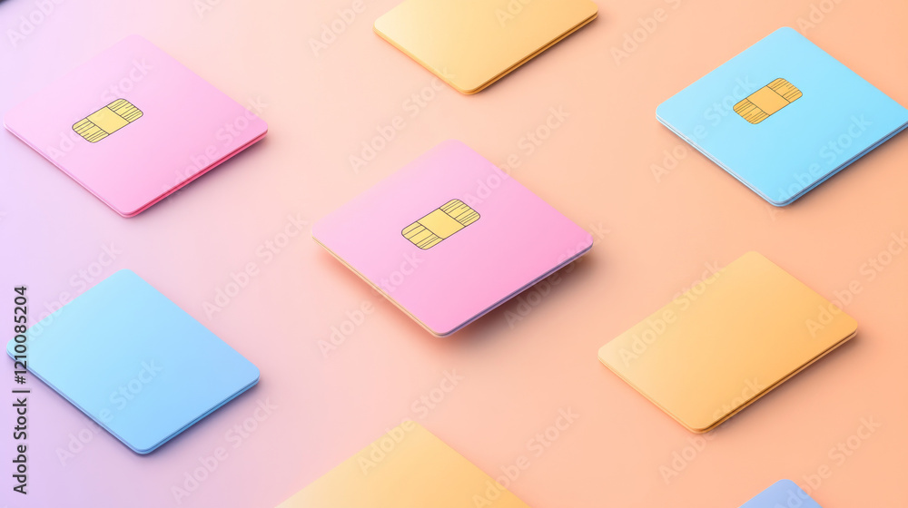 Digital credit cards in various colors on soft gradient background create modern and vibrant atmosphere Digital credit cards in various colors on soft gradient background create modern and vibrant atmosphere