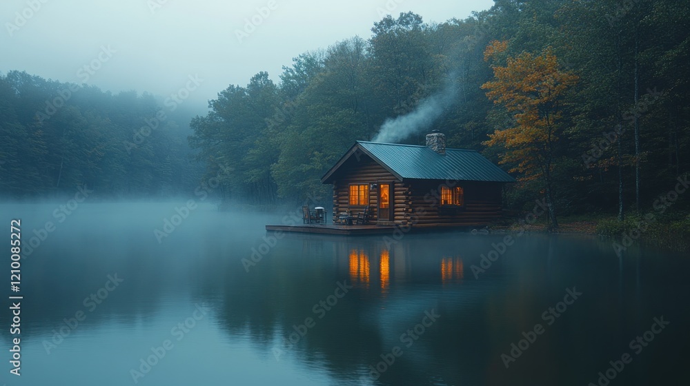 Fototapeta premium Misty lake cabin, autumn woods, warm lights, tranquil scene, vacation rental