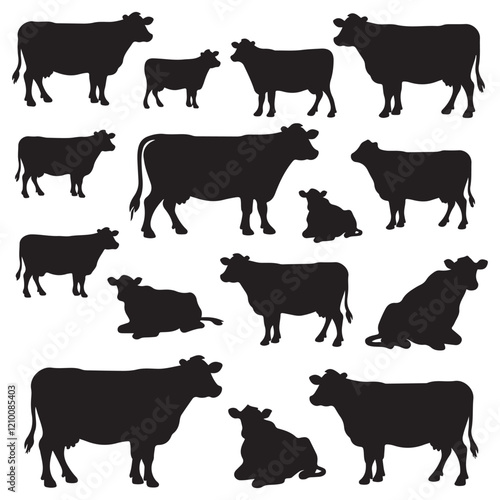 Set of Texas longhorn cow silhouettes in various poses. isolated vector on white background.