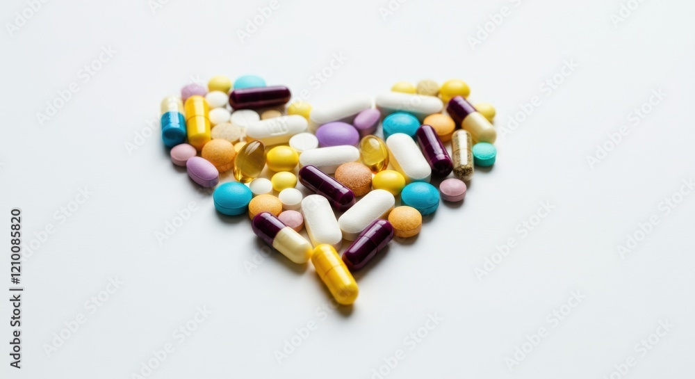 Heart shape made of colorful pills and capsules on a white background Heart shape made of colorful pills and capsules on a white background
