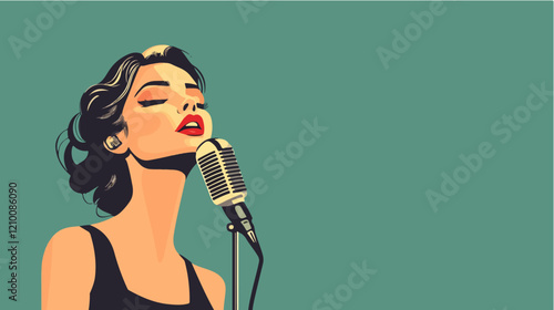 Illustration of a beautiful woman singer. Woman with a microphone. Beautiful Girl.