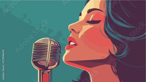 Illustration of a beautiful woman singer. Woman with a microphone. Beautiful Girl.