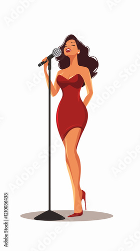 Illustration of a beautiful woman singer. Woman with a microphone. Beautiful Girl.