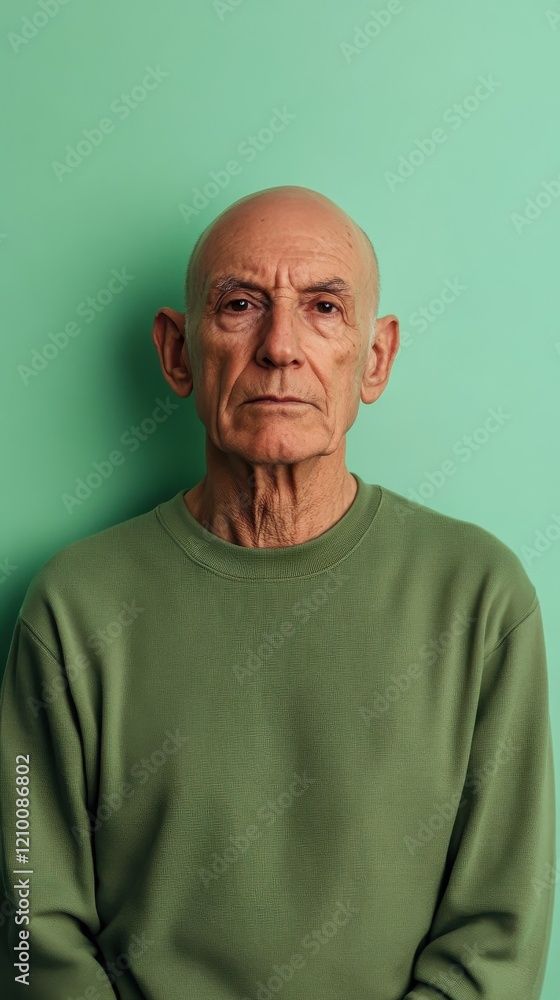 Realistic minimalist portrait of an older man against a vibrant mint green backdrop showcasing warmth and confidence Realistic minimalist portrait of an older man against a vibrant mint green backdrop showcasing warmth and confidence