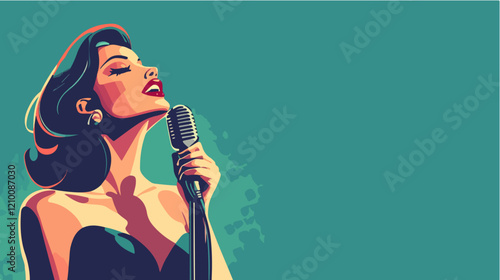 Illustration of a beautiful woman singer. Woman with a microphone. Beautiful Girl.