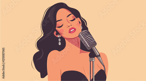 Illustration of a beautiful woman singer. Woman with a microphone. Beautiful Girl.