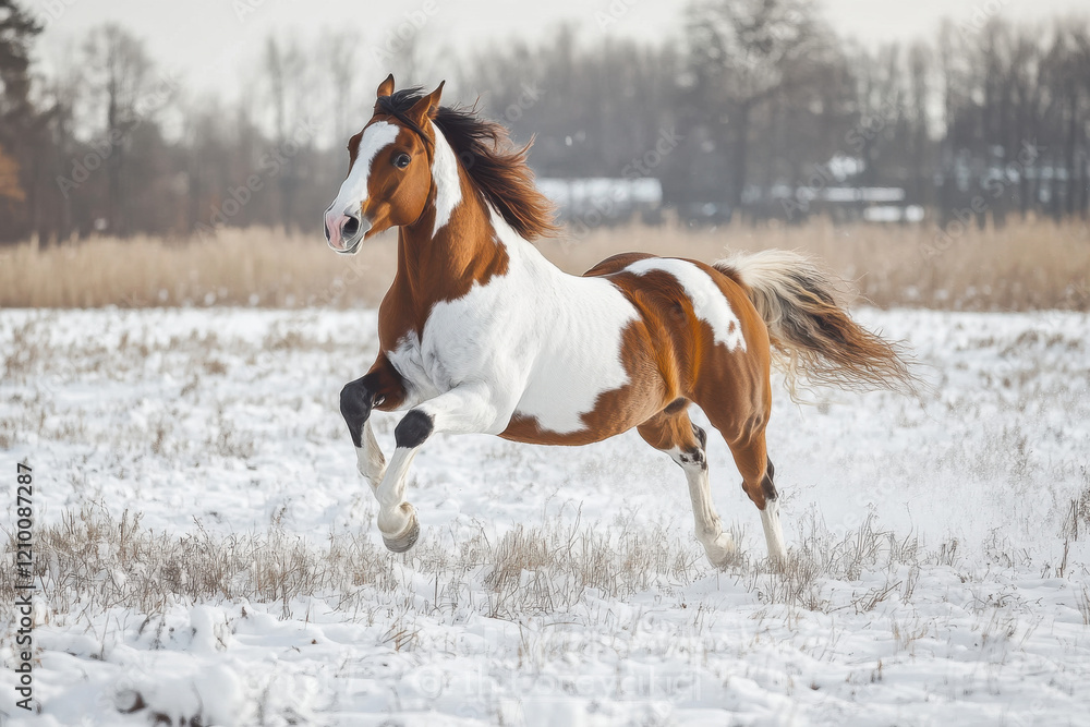 Horse runs gallop on the winter field. Black and white photography with color horse Horse runs gallop on the winter field. Black and white photography with color horse