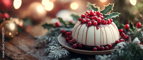 A festive Christmas pudding decorated with holly and red berries, placed on an old wooden table surrounded by winter greenery. photo