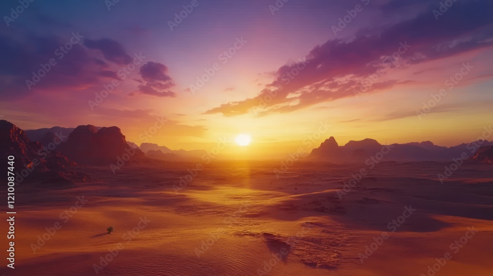 Serene Desert Sunset with Golden Light and Majestic Mountains in the Background Serene Desert Sunset with Golden Light and Majestic Mountains in the Background