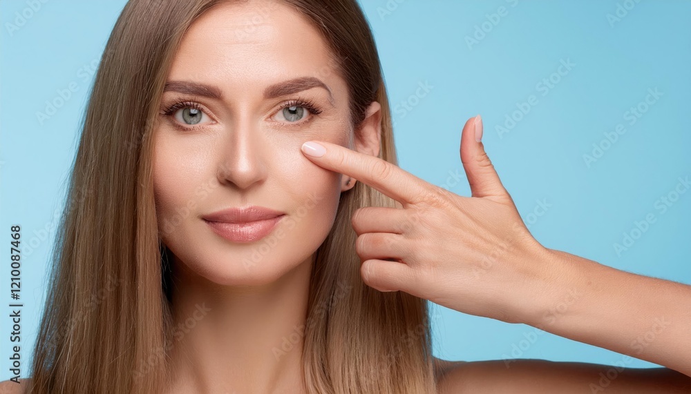 Closeup of young woman pointing to the wrinkles on the upper eyelid Closeup of young woman pointing to the wrinkles on the upper eyelid