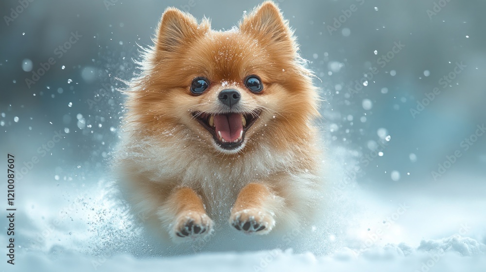 Happy Pomeranian running in snowy winter wonderland; playful pet Happy Pomeranian running in snowy winter wonderland; playful pet